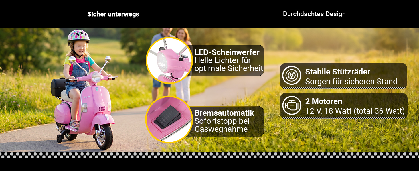 Kinder Elektro-Vespa – Sicherheit & Fahrkomfort Mädchen fährt eine rosa Elektro-Vespa mit Helm. LED-Scheinwerfer, Bremsautomatik, stabile Stützräder und zwei Motoren sorgen für sicheren Fahrspaß.